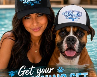 May include: A black trucker hat with the text FUELED BY COFFEE & BELLA'S ATTITUDE and a white and black trucker hat with the text FUELED BY TREATS & MOM'S WALLET. Both hats feature blue text, paw print graphics, and star accents on the front panels.