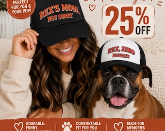 May include: A black baseball cap with the orange text REX'S MOM, NOT SORRY and a white and black baseball cap with the red text REX, ZERO REGRETS. Both caps feature a structured front panel and a curved brim, designed for a matching set.
