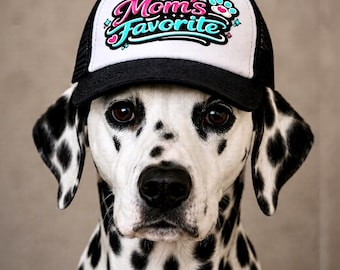 May include: A black and white trucker hat featuring a white front panel with the text Mom's Favorite in pink and blue script lettering, accented by a small paw print graphic with a heart, worn by a Dalmatian dog with black spots.