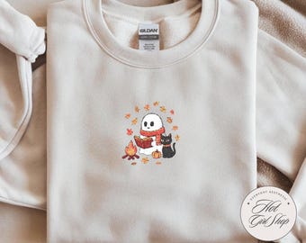 Halloween-Sweatshirt mit besticktem Geist und Katze: Gemütlicher Herbst-Rundhalsausschnitt