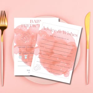 Carte de conseils de prédiction de baby shower rose aquarelle boho jeux de bébé fille idée d'activité conseils voeux modèle message téléchargement immédiat