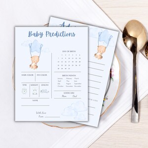 Baby shower blu per bambini cavalcando una nuvola di stelle tema previsione consiglio giochi di carte attività idea consiglio auguri modello messaggio download immediato