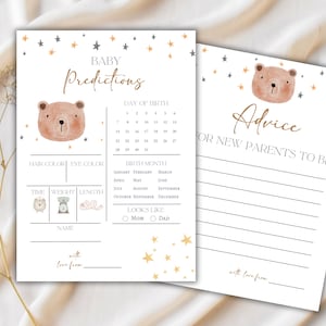 Carte de conseils de prédictions de baby shower, thème de l'ours, jeux, idée d'activité, nom, conseils, souhaits, modèle de message, téléchargement immédiat, jeu virtuel numérique
