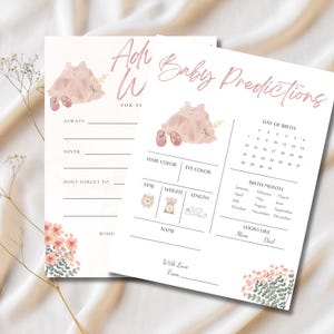 Jeu de baby shower rose pastel Carte de conseils de prédiction de bébé fille Modèle de voeux de fleur aquarelle Robe et chaussures Outfit Thème Téléchargement immédiat