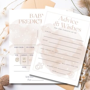 Carte de conseils de prédiction de baby shower, aquarelle boho beige, jeux neutres, idée d'activité, conseils, souhaits, modèle de message, téléchargement immédiat