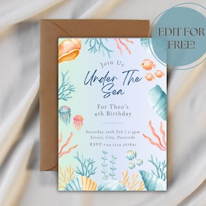 Under The Sea Life verjaardagskaart Oceaan thema zeedieren zeeschelp decoraties koraal zeeleven magisch thema pastelkleuren feestuitnodiging