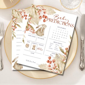 Bunny Boho bloemen bos dier thema babyshower spel idee voorspelling advies kaart ouders to be Wish activiteit sjabloon Instant Download
