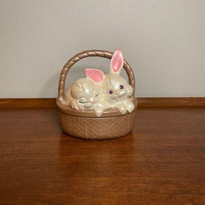 Vintage Ceramic Bunnies in a Basket Candy Dish