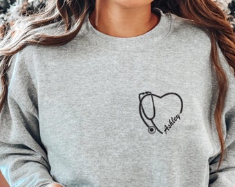 Personalized Nurse Sweatshirt, Stethoscope Heart, RN Gift
