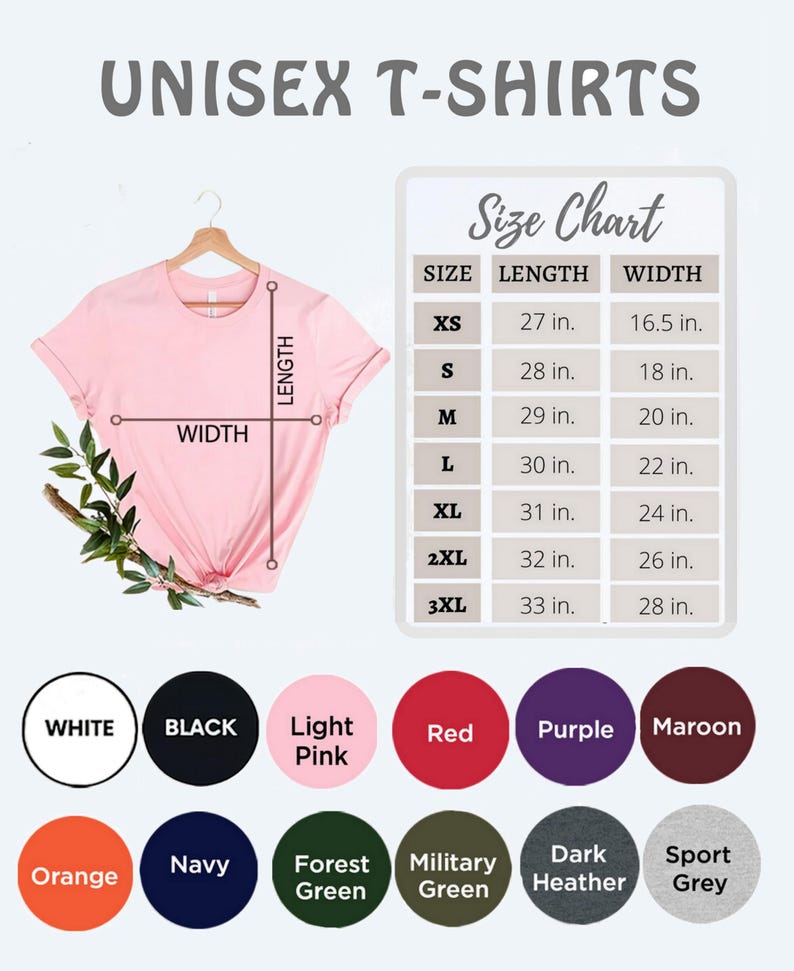 K&ouml;nnte beinhalten: Ein hellrosa Unisex-T-Shirt auf einem Kleiderb&uuml;gel, mit einer Gr&ouml;&szlig;entabelle, die L&auml;ngen- und Breitenma&szlig;e in Zoll anzeigt. Die Tabelle listet die Gr&ouml;&szlig;en XS bis 3XL auf. Farboptionen sind Wei&szlig;, Schwarz, Hellrosa, Rot, Lila, Burgunderrot, Orange, Marineblau, Waldgr&uuml;n, Milit&auml;rgr&uuml;n, Dunkelgrau und Sportgrau.