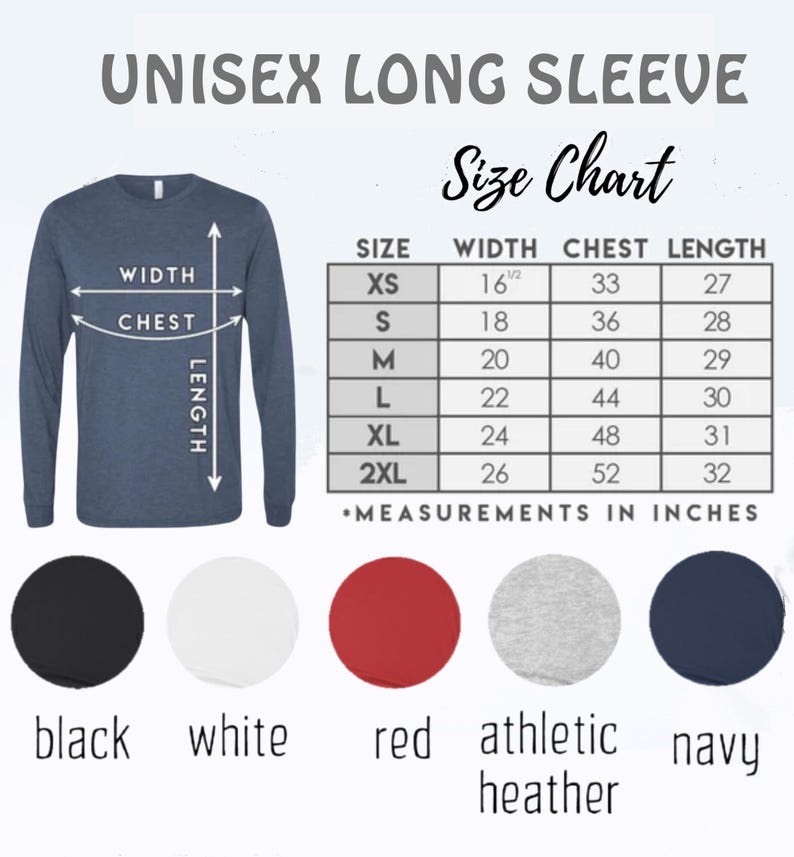 K&ouml;nnte beinhalten: Ein marineblaues Unisex-Langarmshirt mit Gr&ouml;&szlig;entabelle. Die Tabelle zeigt Ma&szlig;e in Zoll f&uuml;r Breite, Brust und L&auml;nge, von XS bis 2XL. Farboptionen sind Schwarz, Wei&szlig;, Rot, Athletic Heather und Marine.