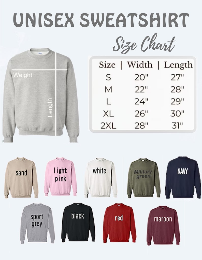 K&ouml;nnte beinhalten: Ein Unisex-Sweatshirt mit Gr&ouml;&szlig;entabelle. Die Tabelle zeigt die Gr&ouml;&szlig;en S-2XL mit Breiten von 50.8cm bis 71.1cm und L&auml;ngen von 68.6cm bis 78.7cm. Das Bild zeigt Sweatshirts in verschiedenen Farben, darunter Sand, Hellrosa, Wei&szlig;, Milit&auml;rgr&uuml;n, Marine, Sportgrau, Schwarz, Rot und Bordeaux.