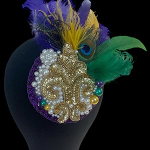 Mardi Gras Fleur de Lis  Sequin Feather Headpiece on Headband
