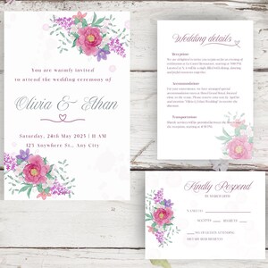 Bearbeitbare Hochzeitseinladungsvorlage - Digital Download - Modernes Blumenmuster - Canva Einladung