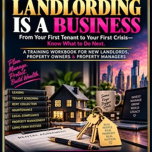 May include: A 2026 edition training workbook titled Landlording Is A Business by Ronda Kelly. The cover features a miniature house, a set of gold keys with a house-shaped tag, a pen, a rental agreement, and a stack of books labelled with property management topics.