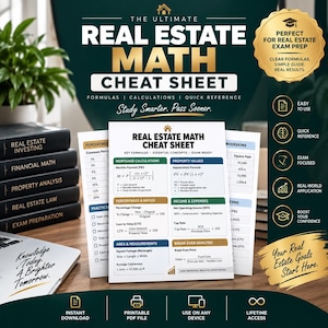 May include: A printed real estate math cheat sheet featuring key formulas, mortgage calculations, property values, percentages, ratios, income, expenses, and area measurements. The document includes sections for conversions and break-even analysis.