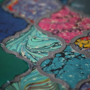 May include: Close-up of a colorful patterned surface with a geometric design. The surface is made up of different colored sections, each with a unique marbled pattern. The colors include blue, green, pink, and yellow.