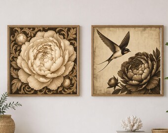 Vintage Peony Botanical Print Set, Sepia Floral Wall Art (Digital Download)