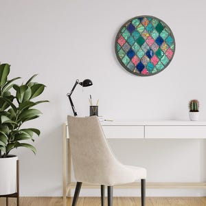 May include: A white desk with a beige chair and a round wall decor with a mosaic design in shades of blue, green, pink, and white. A potted plant and a small cactus are on the desk.