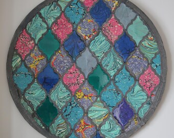 Handmade Marbling Paper Round Wall Art, Geometric Resin Decor