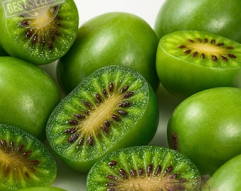 May include: Close-up of several green kiwis, some halved to reveal the brown and black seeds and yellow center. The kiwis are a vibrant green color, with a smooth skin. The image has a bright, natural look, suggesting fresh produce.