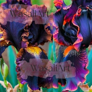 May include: Close-up of two vibrant iris flowers. The petals display a rich palette of colors, including deep purple, orange, and yellow. The ruffled edges of the petals add texture. The background is a soft green, enhancing the flowers' colors.
