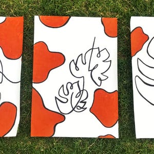 3er-Set Monstera Zeichnungen - Moderne abstrakte Blattwandkunst - Minimalistisches Wohndekor in Orange & Weiß