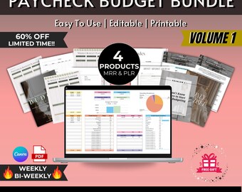 May include: A digital product bundle for budgeting, featuring a laptop screen displaying a colourful budget planner, along with printable worksheets and a money mindset journal. The bundle includes four products and a free gift. The text "60% OFF LIMITED TIME!!" and "VOLUME 1" are displayed on the image.