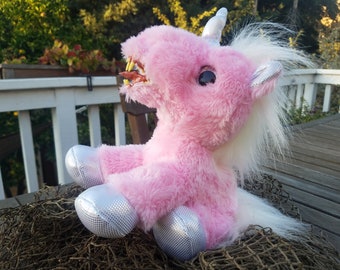Snarlyee the Unicorn! 10" Pink and Silver Glitter Quality Plush Fanged Unicorn