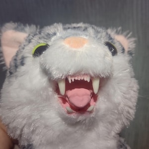 Catastrophe the Unavoidable! 10" long Grey with Black Stripes Quality Plush Fanged Cat