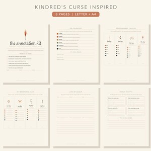 May include: A printable annotation kit titled Kindred's Curse Inspired, featuring eight pages in Letter and A4 sizes. The kit includes a color key, blank and filled-in bookmarks, margin prompts, and tracking sheets with neutral tones and icons.