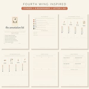 May include: A digital annotation kit featuring nine pages and eight bookmarks in Letter and A4 sizes. The pages include a color key, margin prompts, and tracking logs with text such as "Fourth Wing Inspired" and "The Annotation Kit."