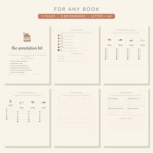 May include: A digital annotation kit for books featuring nine pages and eight bookmarks in Letter and A4 sizes. The pages include a colour key, margin prompts, and lined sections for tracking reading notes, all presented in a clean, organised layout.