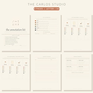May include: A digital annotation kit consisting of eight printable pages in Letter and A4 sizes. The pages feature text titled The Carlos Studio, The Annotation Kit, The Colour Key, Key Bookmarks, Lines by Colour, and Margin Prompts with lines.