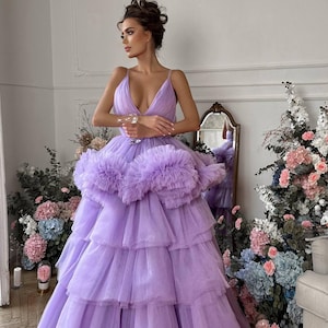 Tulle Dress, Photoshoot Dress, Princess Gown, Bridesmaids Dress, High low Prom Dress, Purple Ruffle Dress, Birthday Gown, New Year Outfit