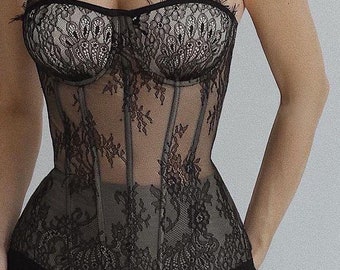 Black lace corset bustier top, transparent off-shoulder crop top, present for girlfriend, new years eve outfit, victorian corset with cups