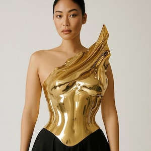 Shiny gold metallic corset, godness bustier top, space warrior outfit, futuristic rave top, festival clubwear, strapless photoshoot corset