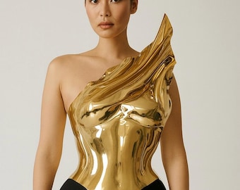 Glanzend goud metallic korset, bustiertop godness, space warrior-outfit, futuristische rave-top, clubkleding festival, strapless fotoshootkorset