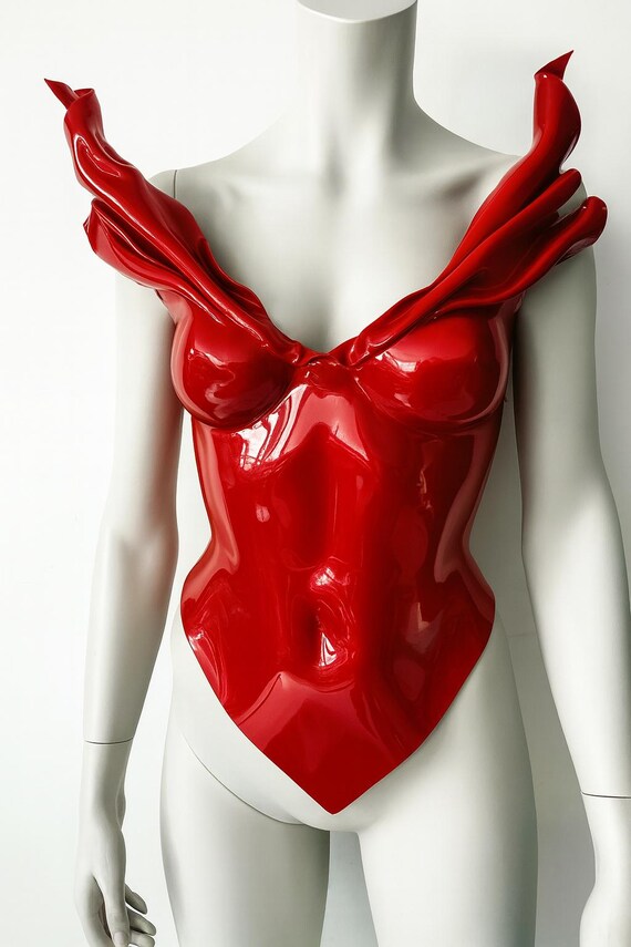 Inferno red corset top, glossy acrylic bustier, fetish fashion costume, romantic party wear, burlesque drag queen accessory