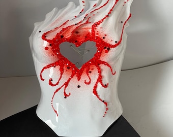 Heart armor corset white bridal breastplate stage performer outfit, white bustier top with rhinestones