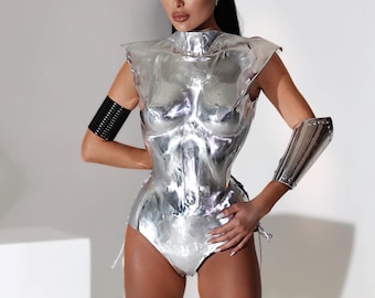 Silver metallic custom costume, breastplate armor costumes cosplay metal bra, burning man rave outfit, photoshoot corset, warrior Halloween