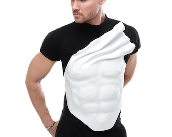 Mens armor vest, white avant garde corset top, futuristic cyberpunk menswear, male stage costume, edgy festival performance wear