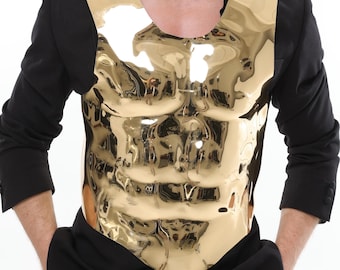 Goldenes Korsett für Männer, goldene Rüstungsweste, goldener Brustpanzer, Bühnenkostüm für Männer, Krieger-Brustpanzer, Avantgarde-Herrenbekleidung