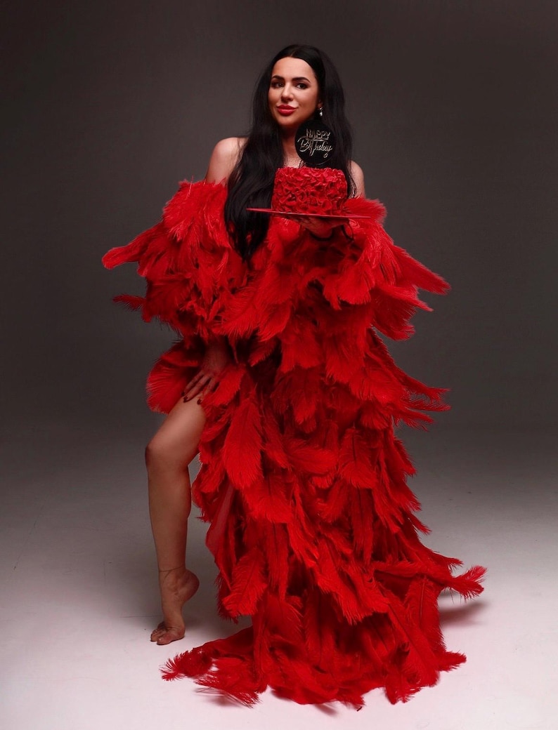 luxury red cape with tulle and feathers for maternity shoot