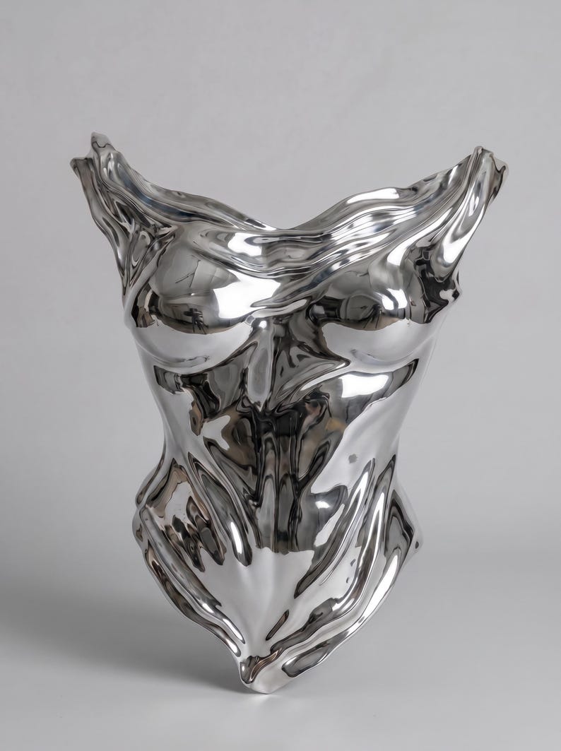 Op de afbeelding: Een sculptuur van een torso in gepolijst zilver met een sterk reflecterend, vloeibaar metalen oppervlak met vloeiende, golvende contouren die de vorm van een menselijk bovenlichaam nabootsen, inclusief gedefinieerde borst- en buikgebieden.