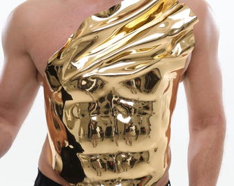 Gold armor corset for men, avant garde male fashion, lgbtq pride outfit, sculptural chest plate, drag show costume top, performance outfit