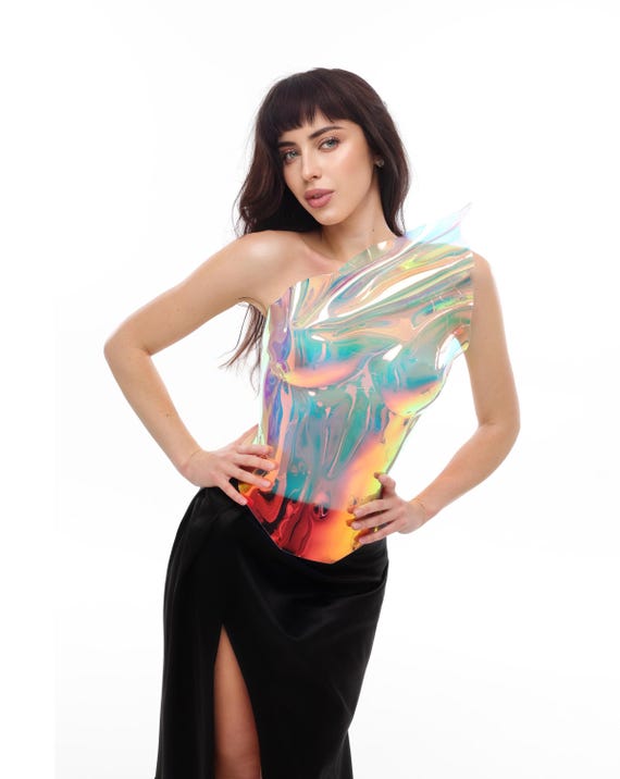Holographic  corset festival Brimstone/Black Vinyl Holographic Corset Waist Cincher  main image 4