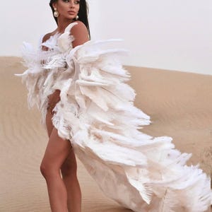K&ouml;nnte beinhalten: Eine Frau in einem wei&szlig;en Federkleid steht in einer W&uuml;stenlandschaft. Das Kleid ist lang und flie&szlig;end, mit einem gro&szlig;en Federschleier. Die Frau schaut zur Seite und hat langes, dunkles Haar.