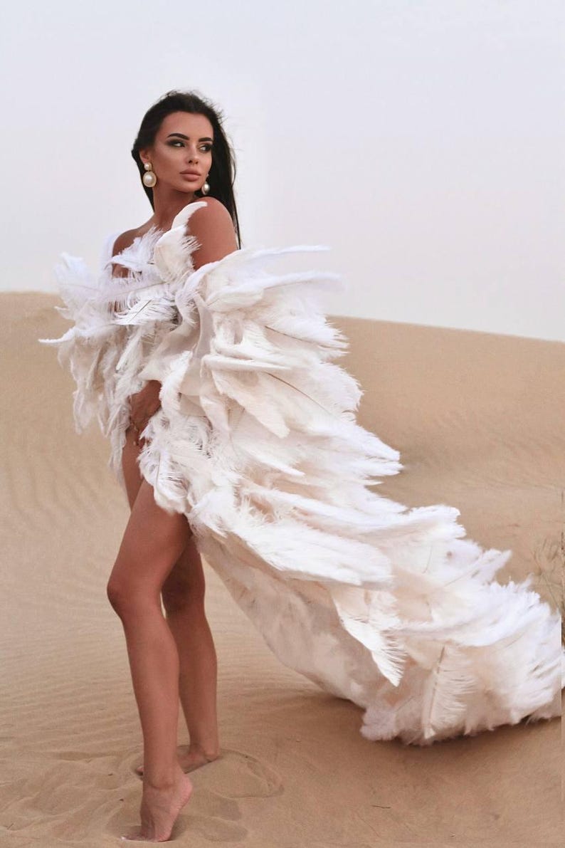 K&ouml;nnte beinhalten: Eine Frau in einem wei&szlig;en Federkleid steht in einer W&uuml;stenlandschaft. Das Kleid ist lang und flie&szlig;end, mit einem gro&szlig;en Federschleier. Die Frau schaut zur Seite und hat langes, dunkles Haar.