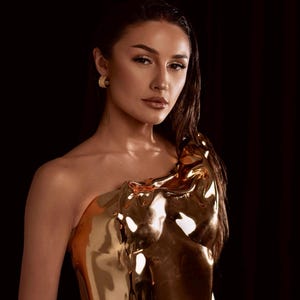 one shoulder corset,
gold acrylic corset,
wet look bustier,
metallic bustier,
luxury acrylic wear,
party outfit gift,
lacquer acrylic top,
high fashion corset,
luxury gift top,
stage wear bustier,
molten acrylic top,
DJ performance top,
dramatic outfit piece,